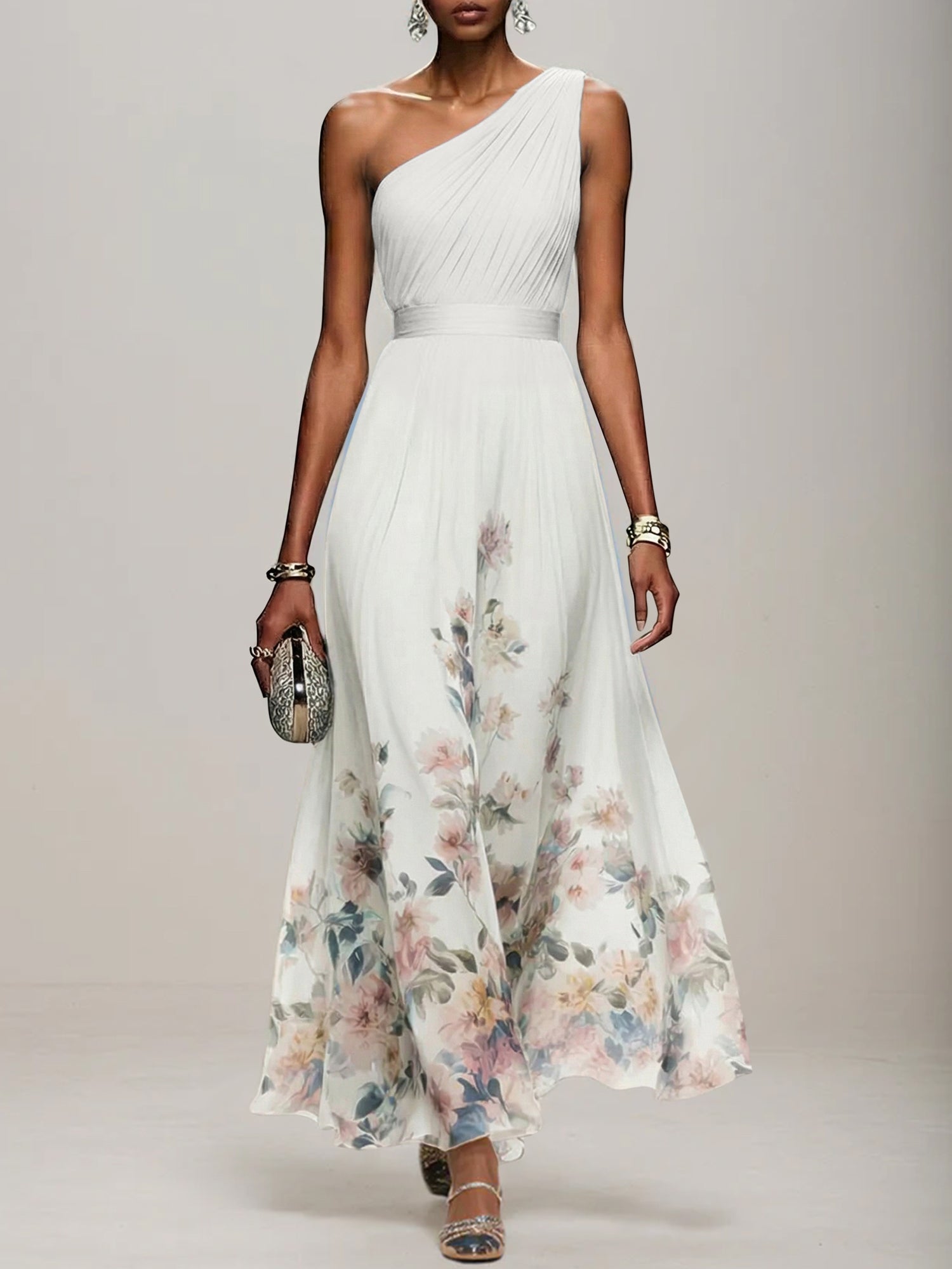 Light Blue Floral Chiffon One Shoulder Sleeveless A-Line Maxi Dress Gown