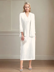 Sheath/Column Chiffon V Neck 3/4 Sleeves Tea Length Mother Of The Bride Dress
