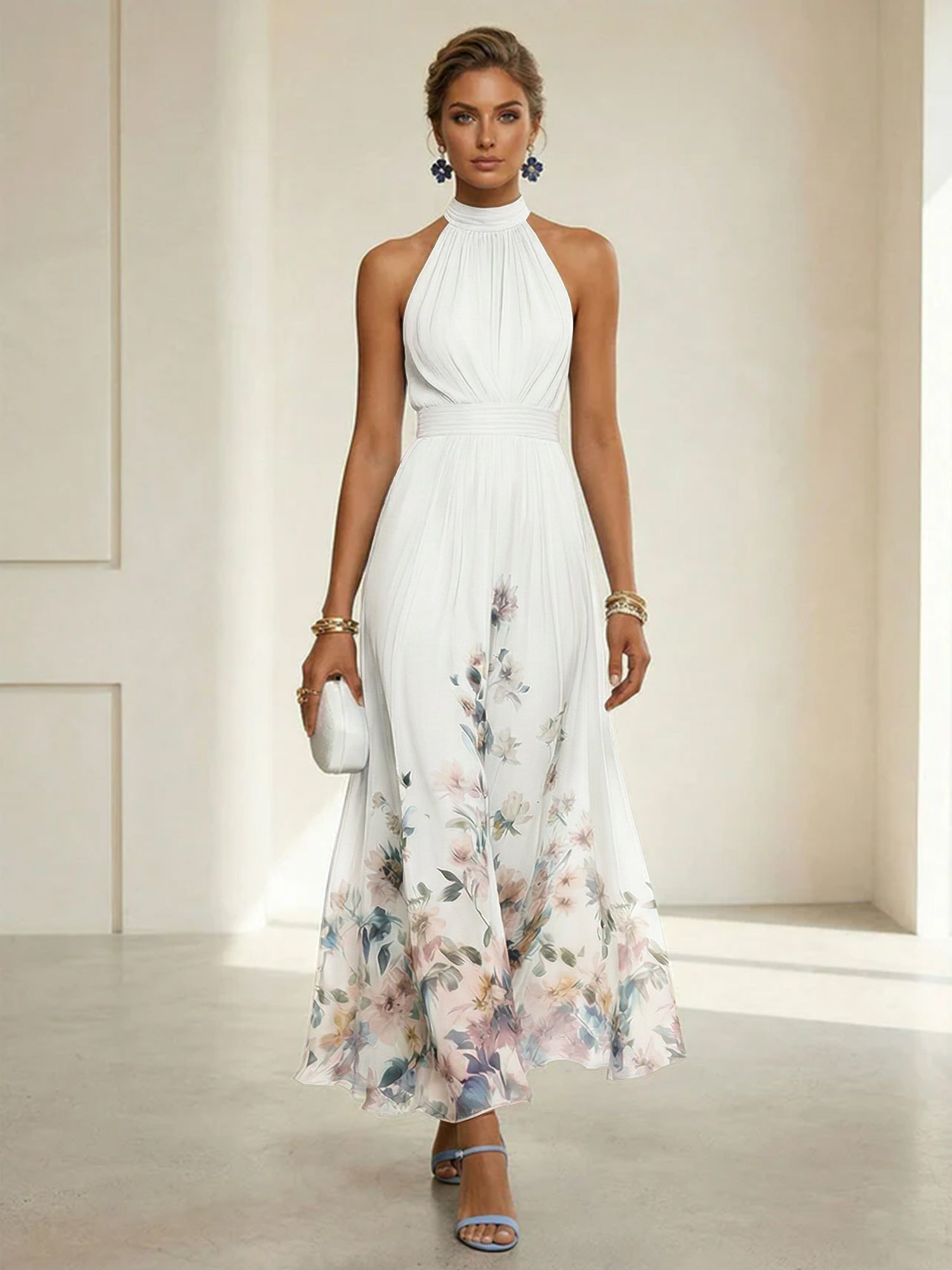 Light Blue Floral Chiffon Halter Sleeveless A-Line Maxi Dress Gown