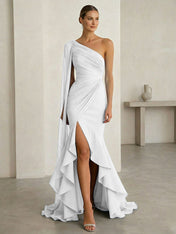 Glamorous Midnight Navy Formal Evening Dress One-Shoulder Ruched Cape Gown