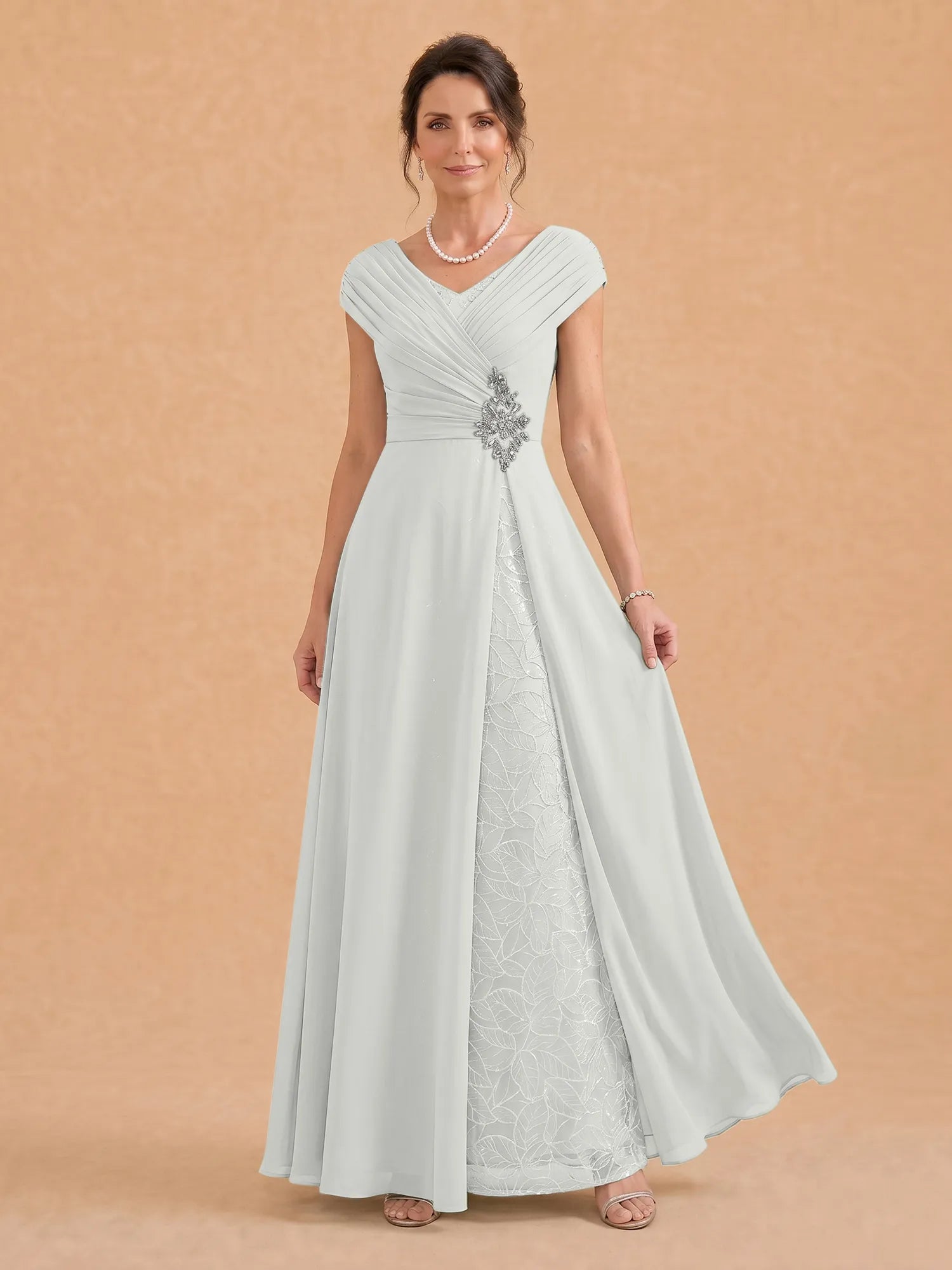 V-Neck Ruched Chiffon A-Line Mother of the Bride Dress with Crystal Brooch
