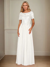 A Line Chiffon Boat Neck Short Sleeves Floor Length Mother of the Bride Dresses