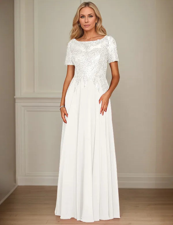 A Line Chiffon Boat Neck Short Sleeves Floor Length Mother of the Bride Dresses