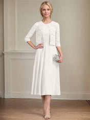 A-line Scoop Tea-Length Chiffon Mother of the Bride Dress With Pleated