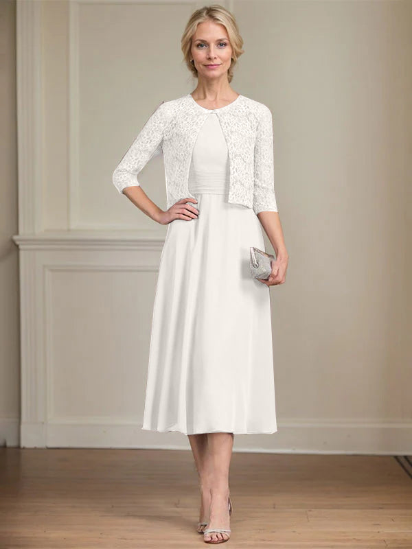 A-line Scoop Tea-Length Chiffon Mother of the Bride Dress With Pleated
