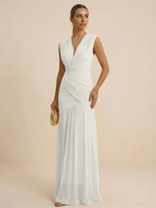 Pink Regular Straps V Neck Chiffon Pleat Mermaid Maxi Dress