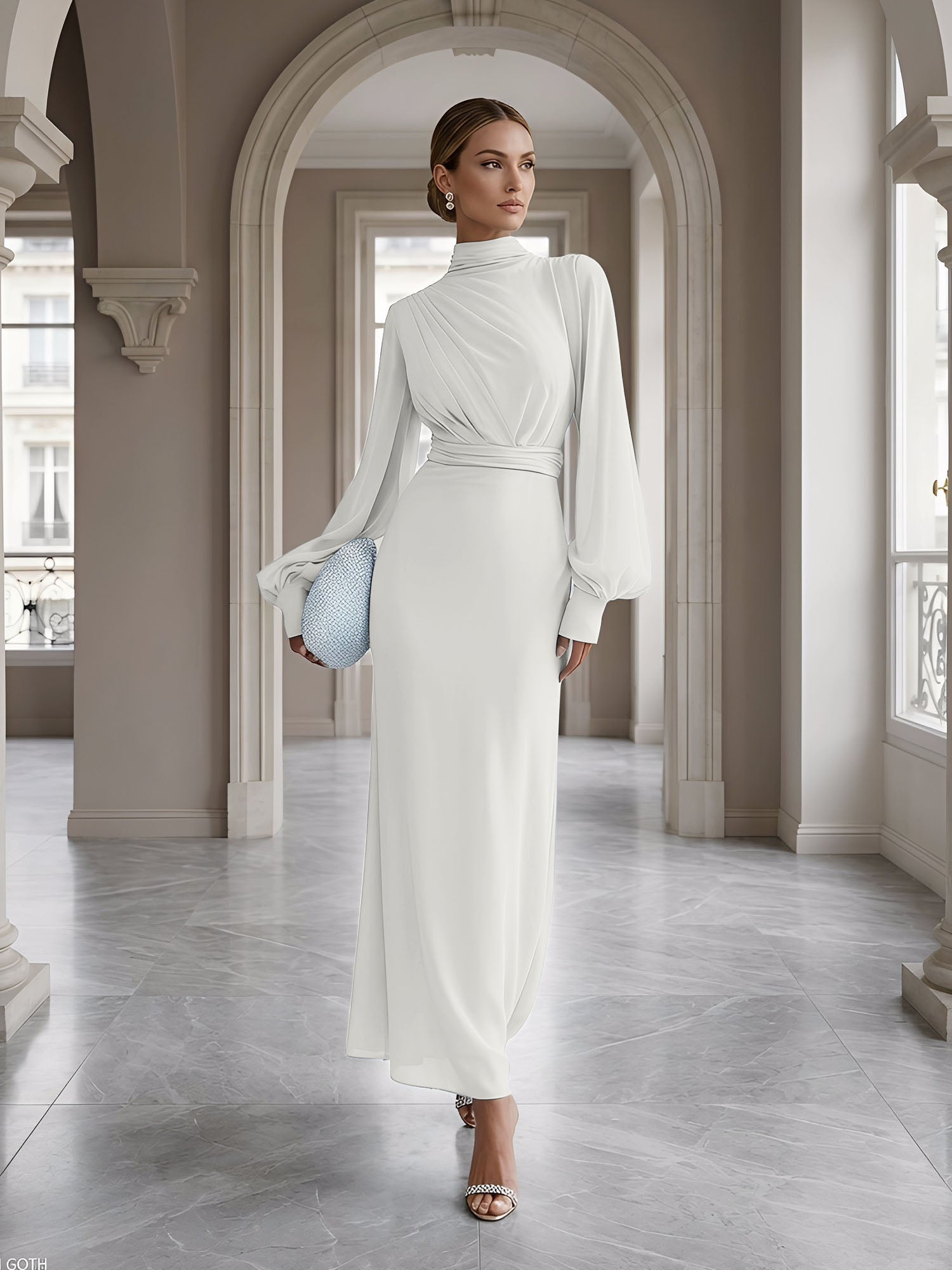 Ice Blue High-Neck Bishop Sleeve Gown Foraml Evening Dress