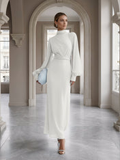 Ice Blue High-Neck Bishop Sleeve Gown Foraml Evening Dress