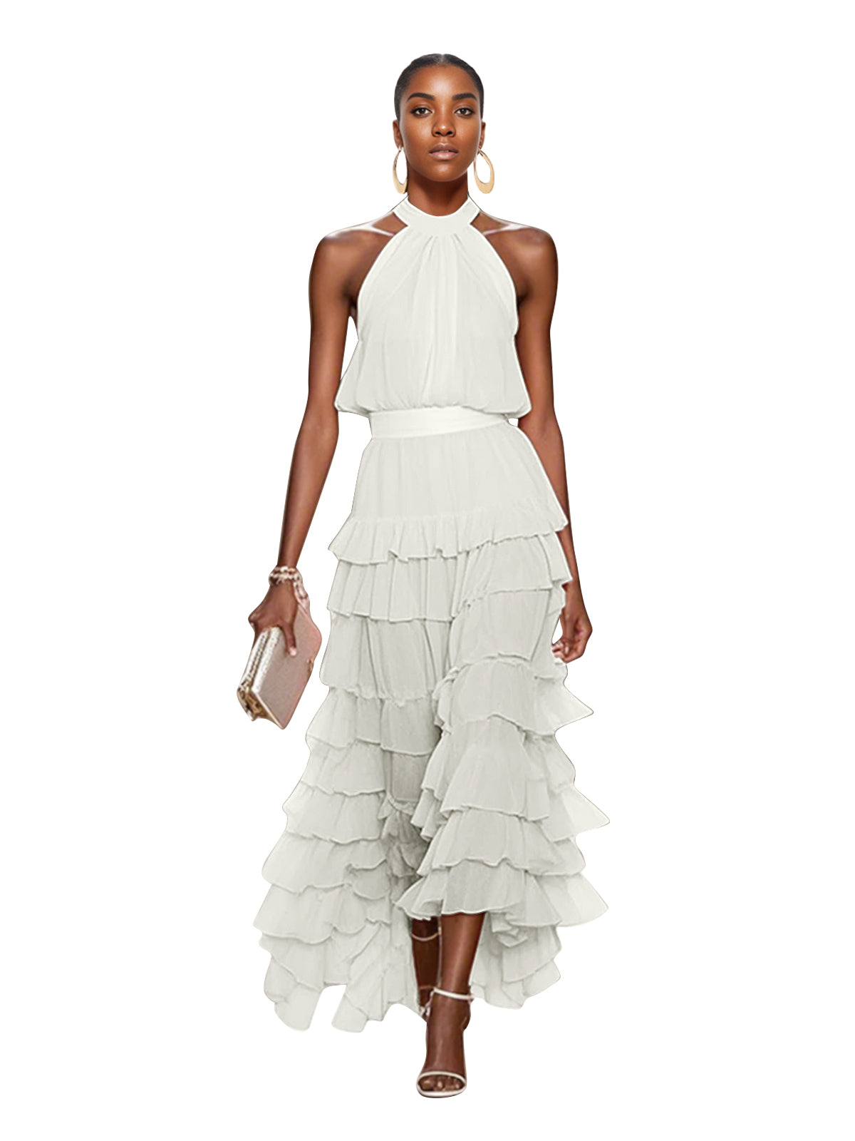 A Line Pink Chiffon Halter Neck Sleeveless Ankle Length Dress With Cascading Ruffles