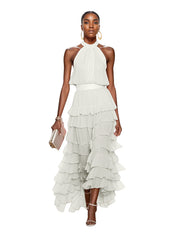 A Line Pink Chiffon Halter Neck Sleeveless Ankle Length Dress With Cascading Ruffles