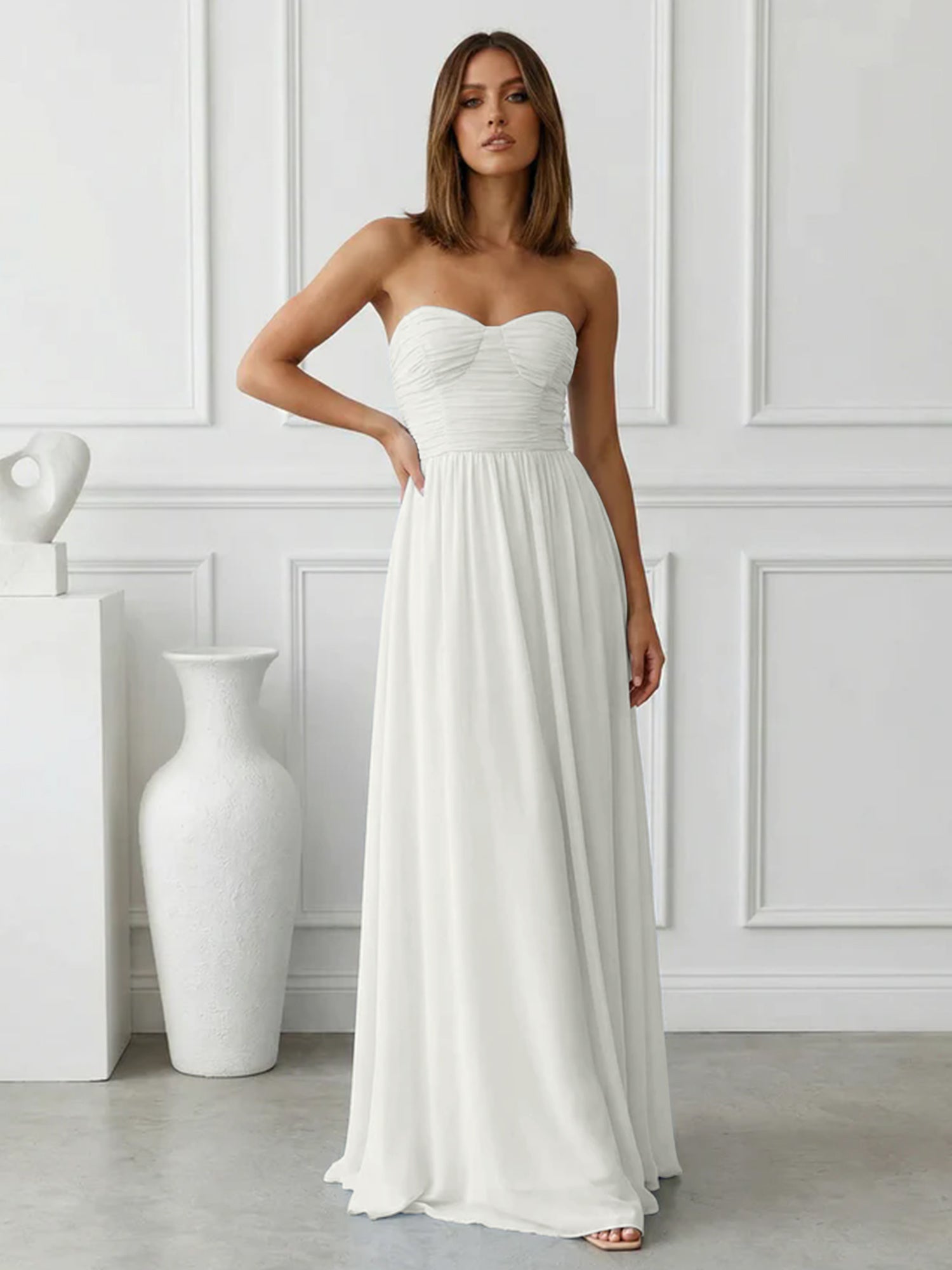 Light Blue Sweetheart Chiffon A Line Maxi Dress with Pleat