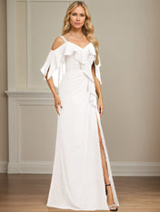 Sheath/Column Cold Shoulder V-Neck Floor-Length Chiffon Dress With Cascading Ruffles Sequins Beading