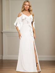 Sheath/Column Cold Shoulder V-Neck Floor-Length Chiffon Dress With Cascading Ruffles Sequins Beading