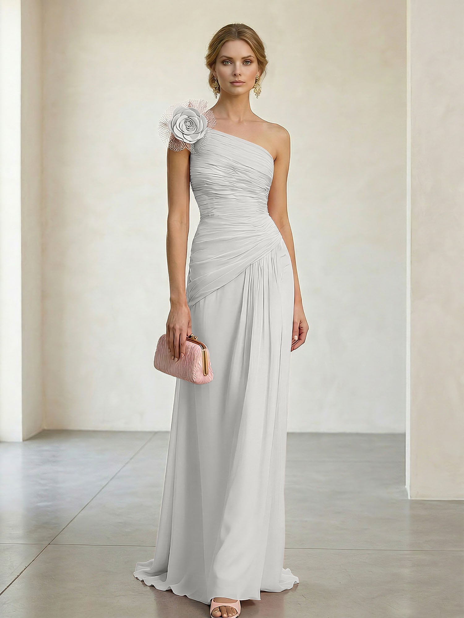 Blush Pink One-Shoulder Ruched 3D Floral Gown Dress