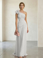 Blush Pink One-Shoulder Ruched 3D Floral Gown Dress