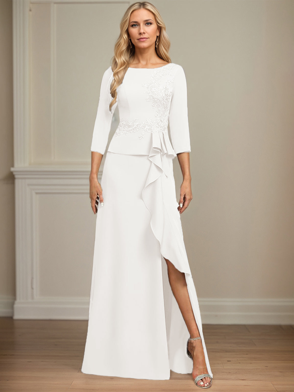 Column Scoop Floor-Length Stretch Crepe Dress With Cascading Ruffles Appliques