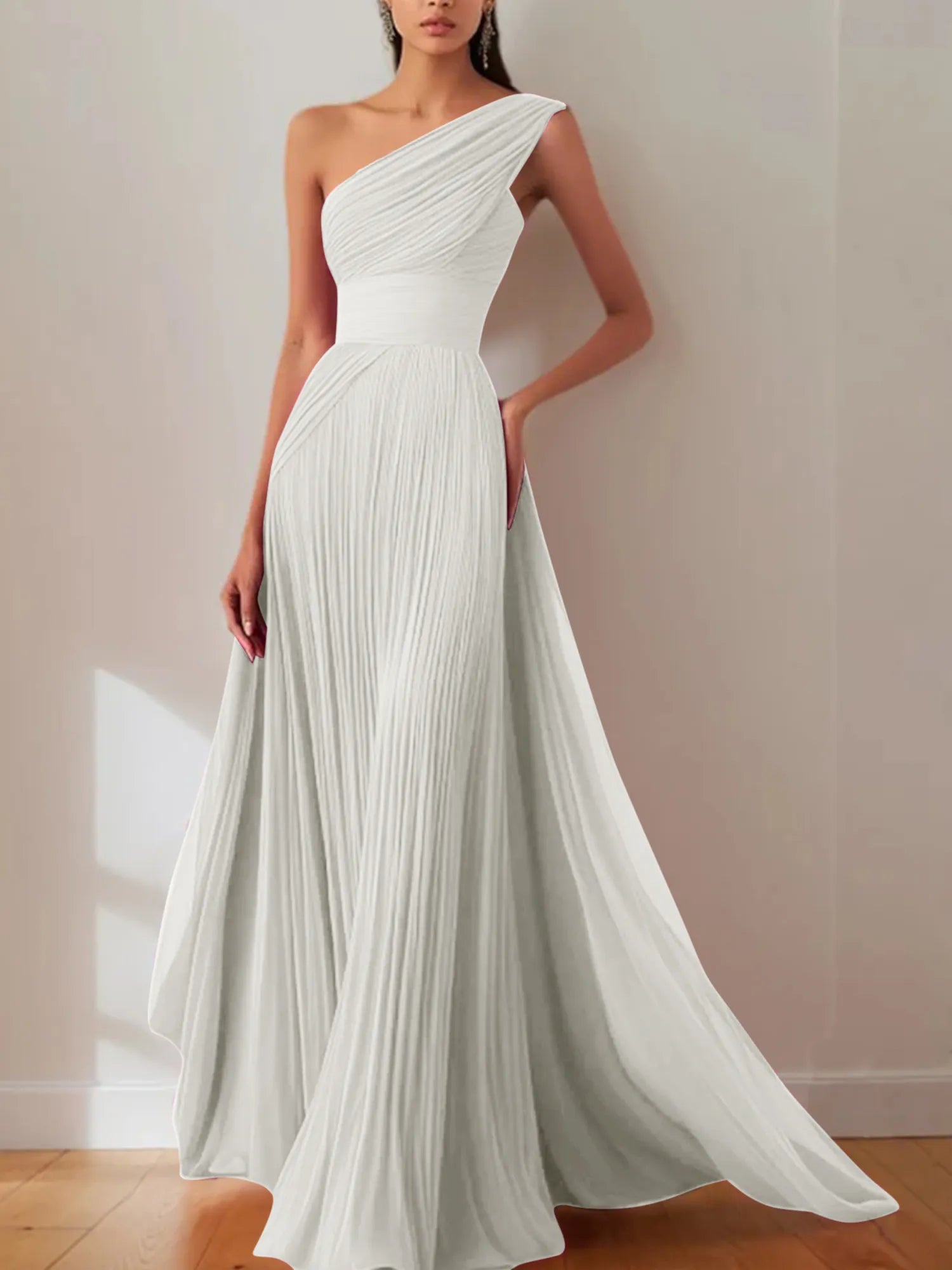 Prom Formal Pleated Dress Rose Color One-Shoulder Maxi Dress