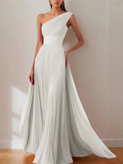 Prom Formal Pleated Dress Rose Color One-Shoulder Maxi Dress