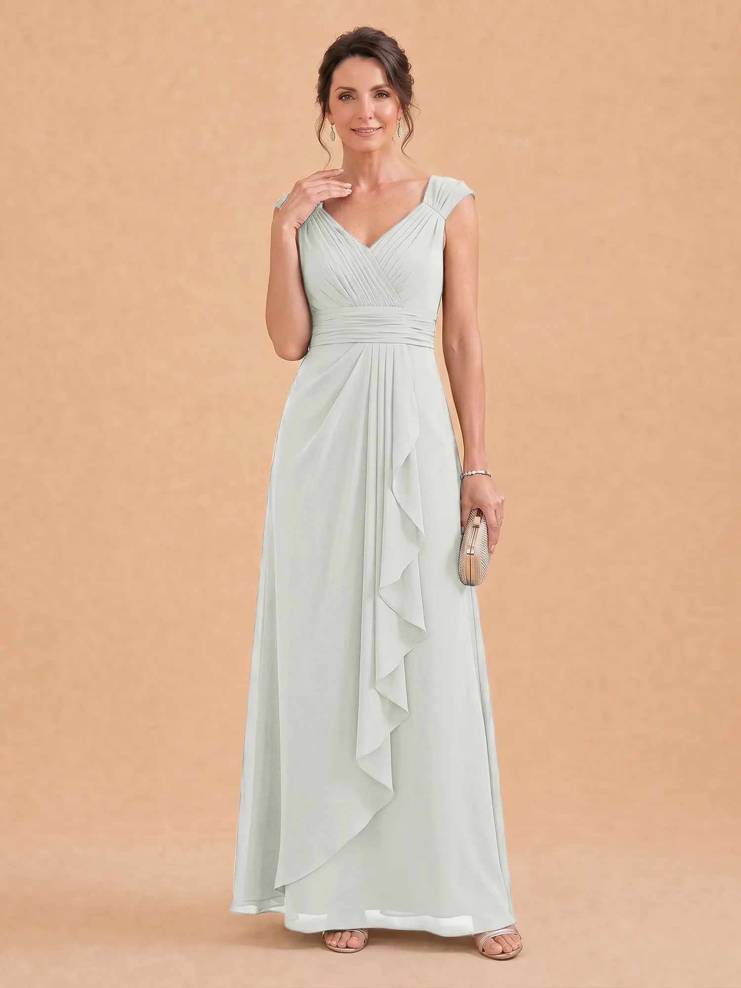 V-Neck Ruched Chiffon A-Line Mother of the Bride Dress with Cascading Ruffle