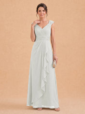 V-Neck Ruched Chiffon A-Line Mother of the Bride Dress with Cascading Ruffle