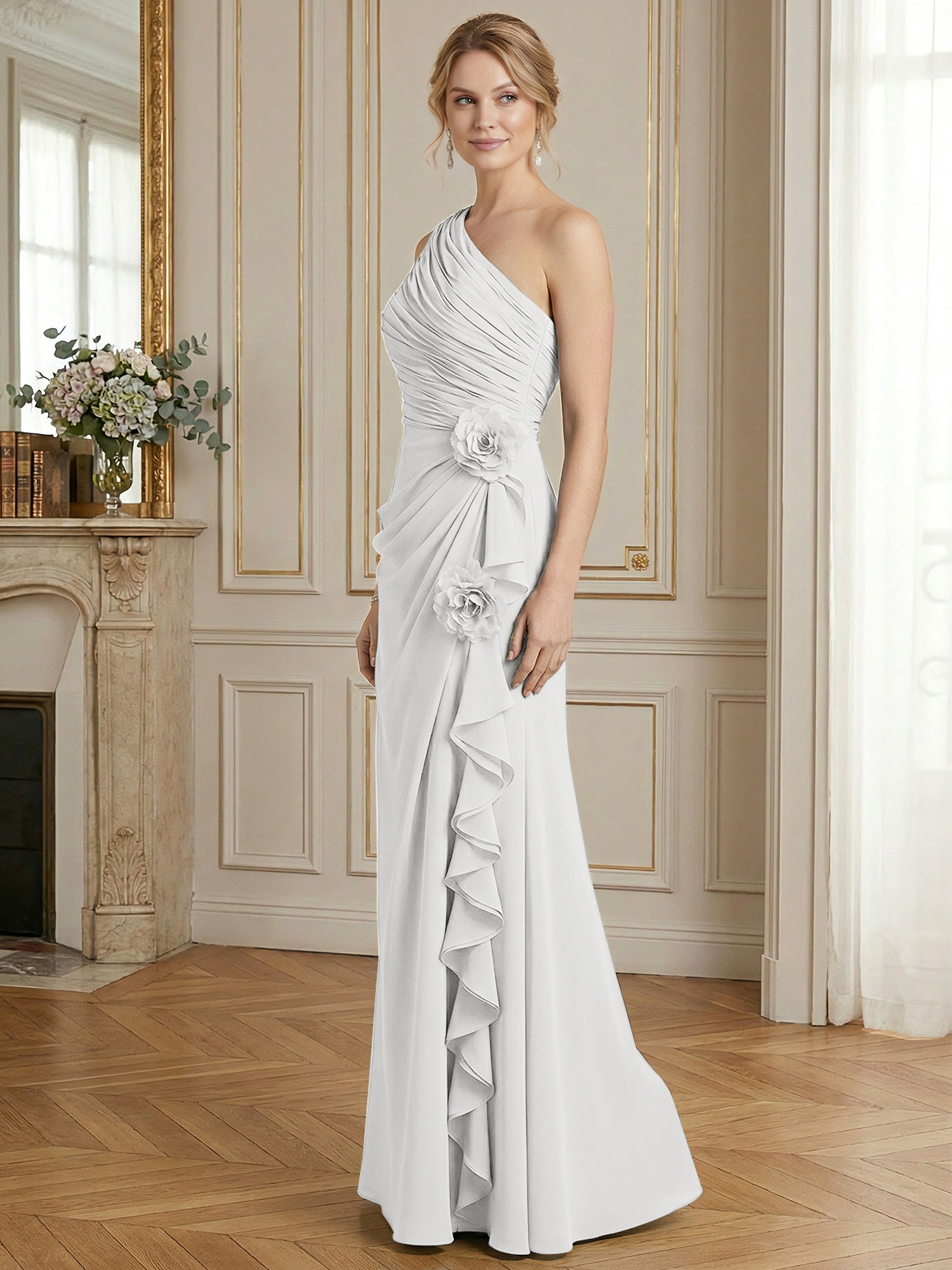 Dusty Blue One-Shoulder Ruched Floral Maxi Dress Gown