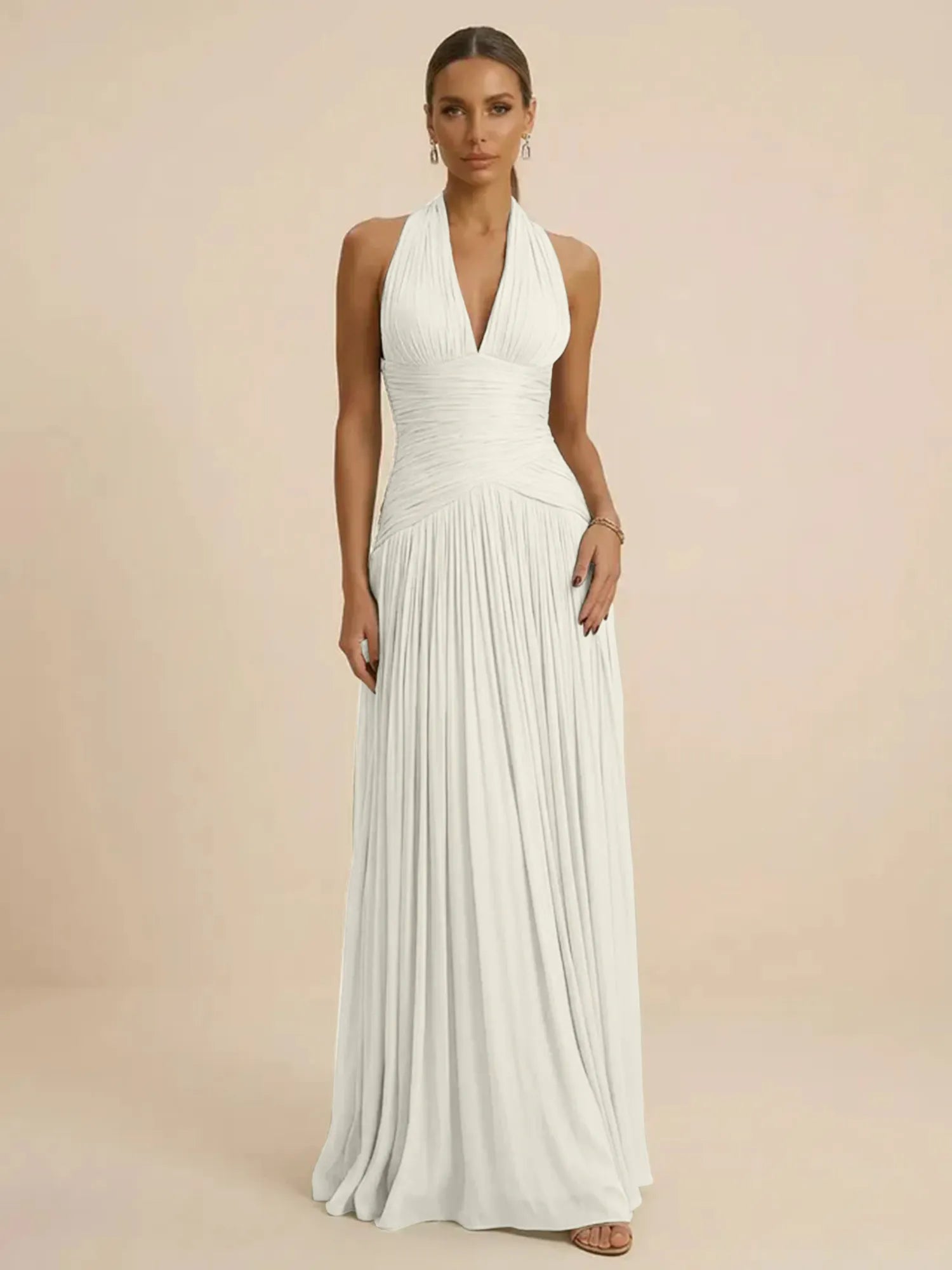 Sage Green Halter Neck Pleated Chiffon Evening Gown with Ruched