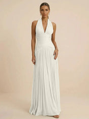 Sage Green Halter Neck Pleated Chiffon Evening Gown with Ruched