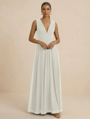 Teal Pleated V-Neck Chiffon Evening Gown with Ruched