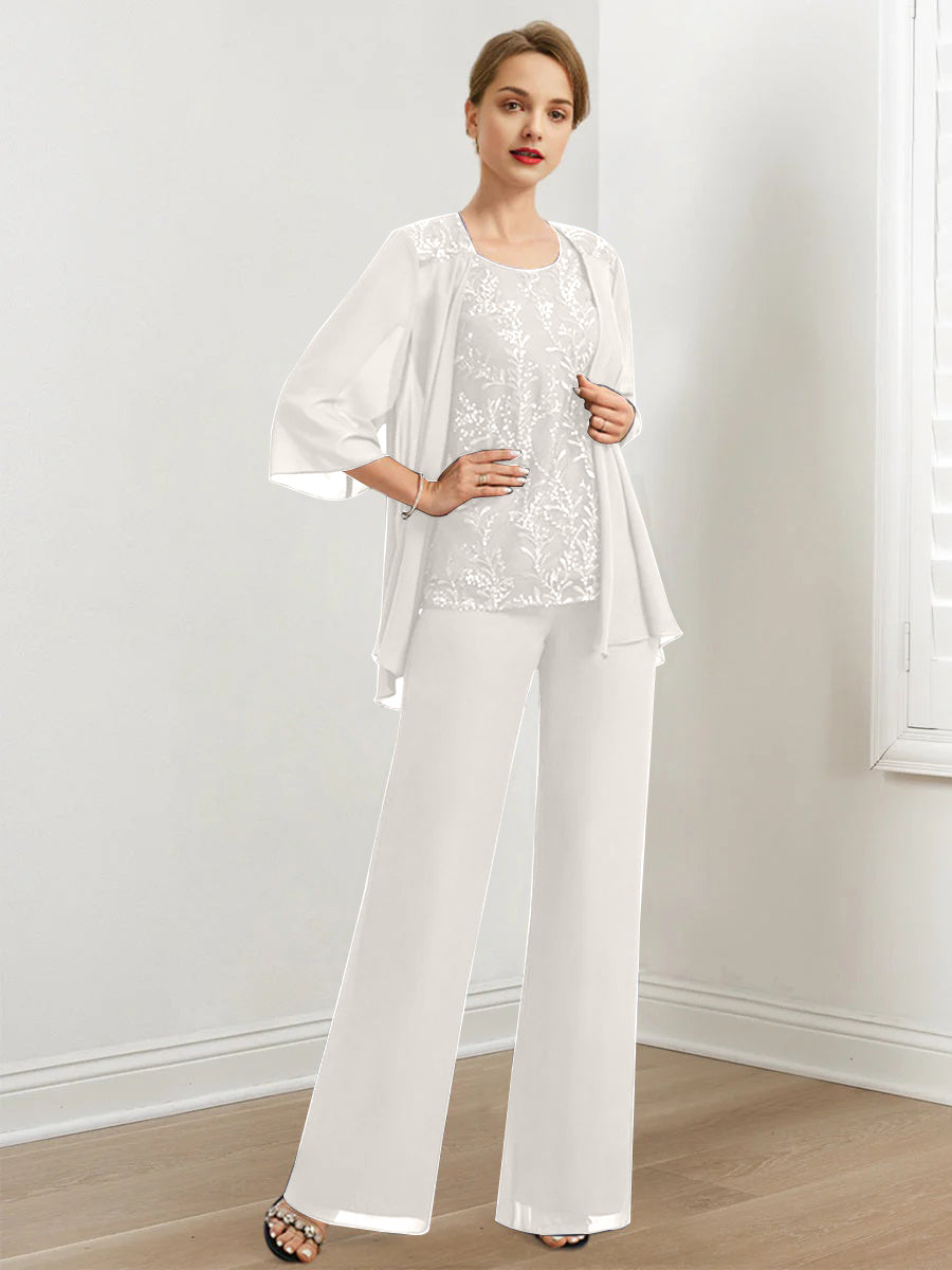 Chiffon Mother of the Bride Pantsuits with Sequins & Jacket