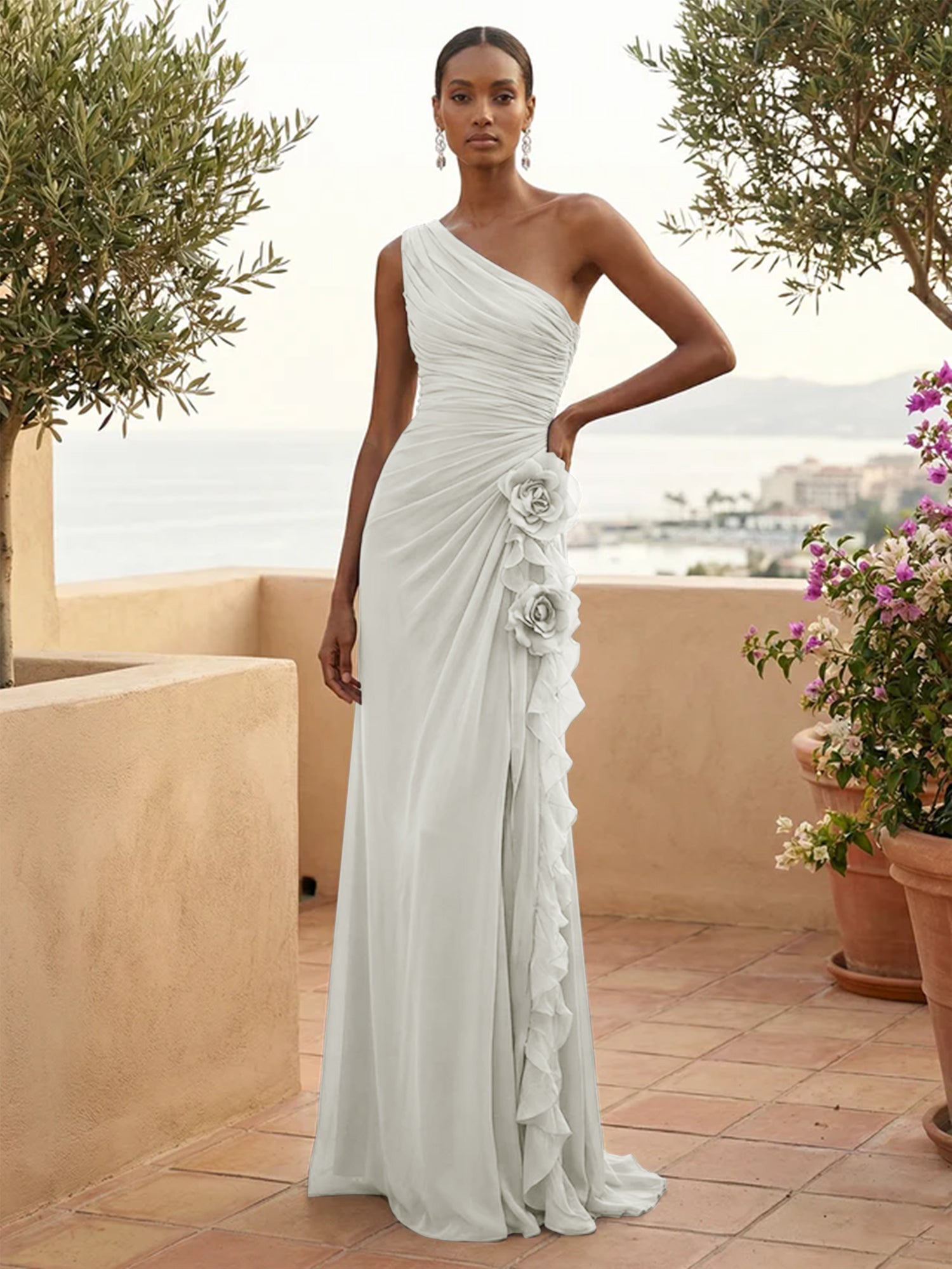 One Shoulder Pleat Mermaid A Line Ruffle Evening Dresses