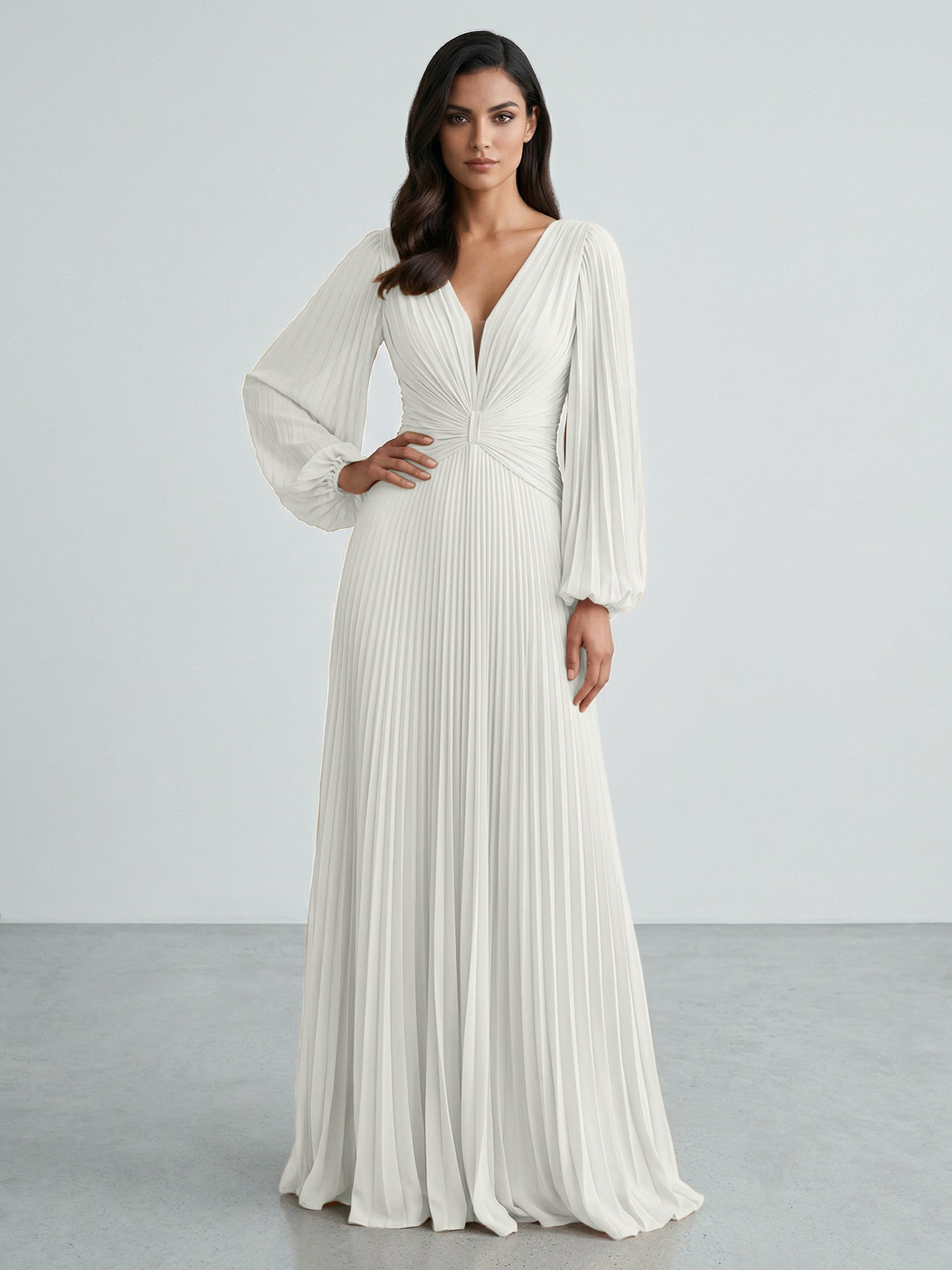 Slate Blue Plunging V-Neck Pleated Long Sleeve Maxi Dress Gown