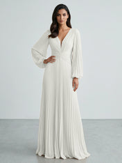 Slate Blue Plunging V-Neck Pleated Long Sleeve Maxi Dress Gown