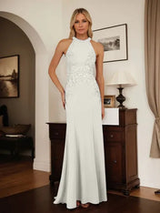 Dusty Blue Sheath Halter Long Mother of Bride Dress With Appliques