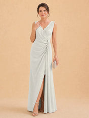 V-Neck Faux-Wrap Evening Gown with Side Draping Mother of The Bride Dresses