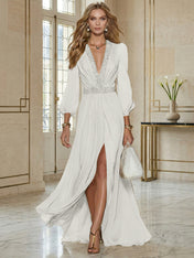 Elegant Beige Chiffon V-neck With Rhinestone Embellishments And A Side Slit Maxi Dress