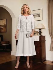 A-line Scoop Tea-Length Lace Chiffon Mother of the Bride Dress With Sequins