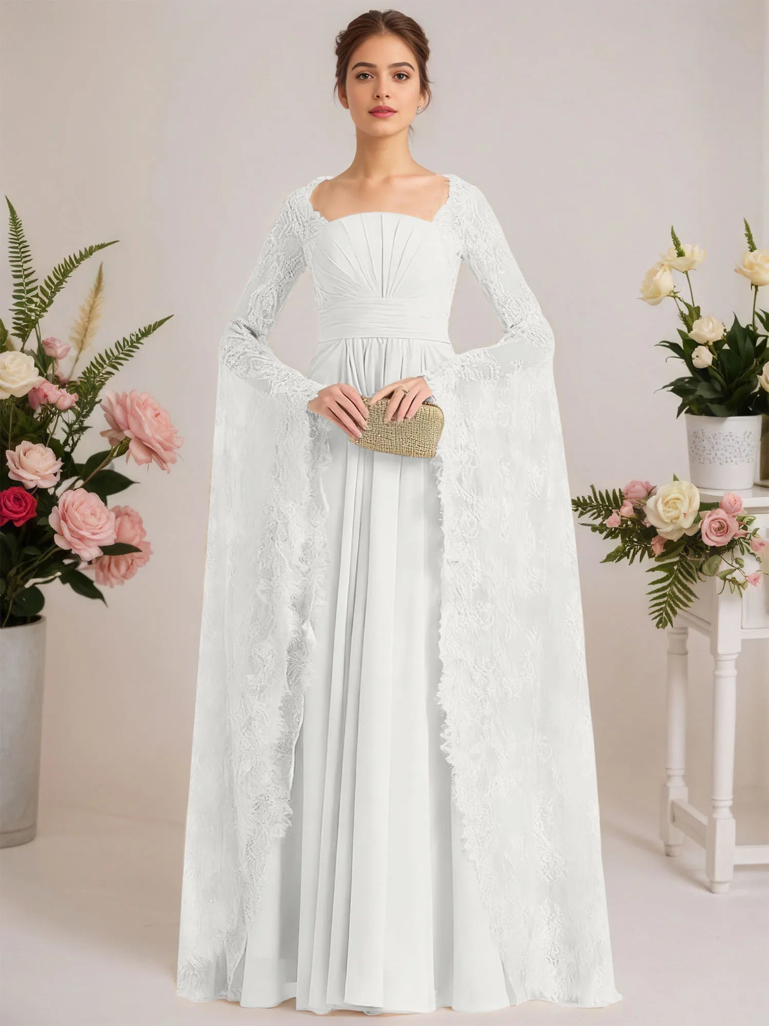 A-line Square Floor-Length Chiffon Lace Evening Dress With Beading Pleated