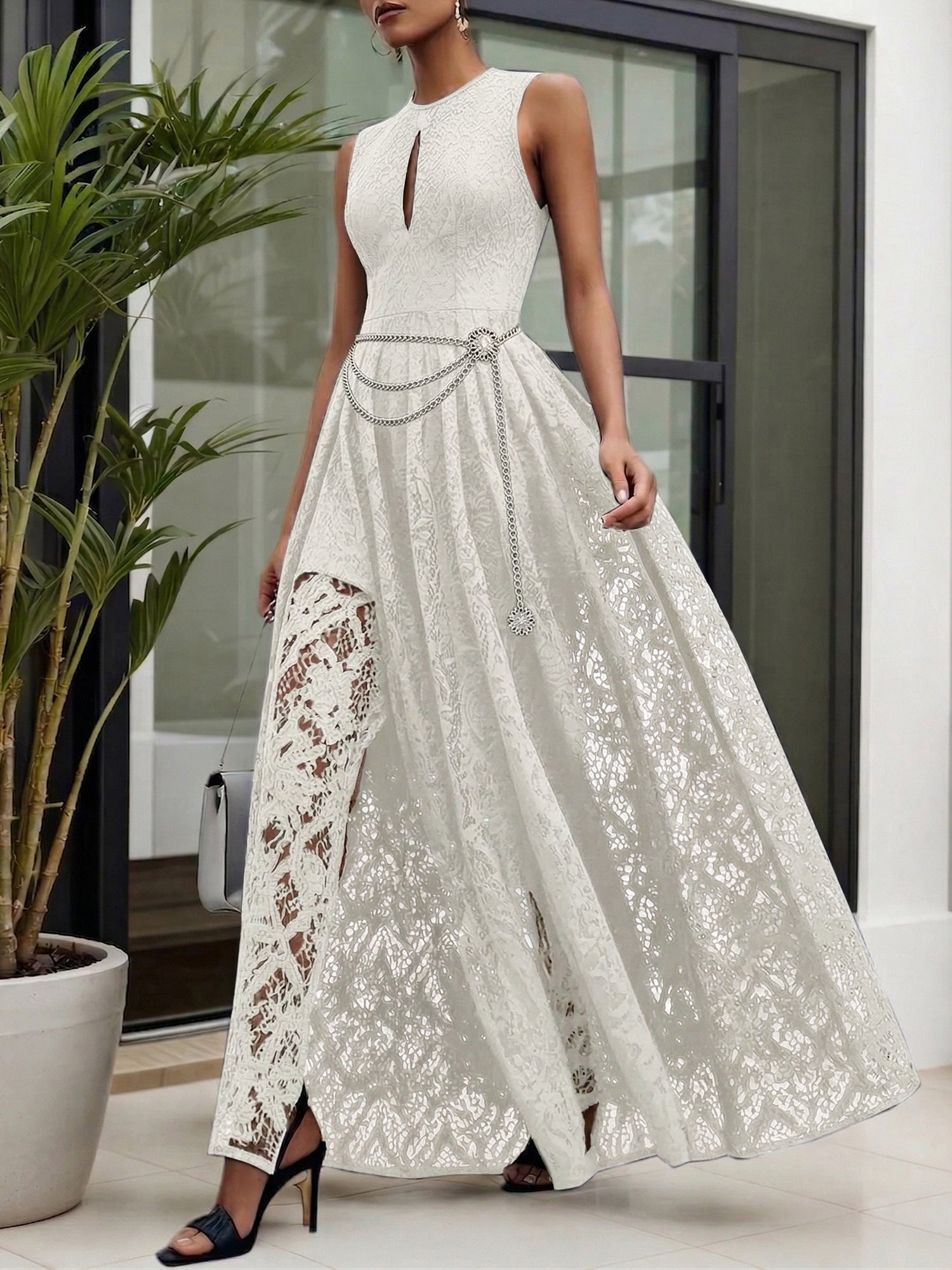 Midnight Black Lace Hollow Out Crew Neck Sleeveless A-Line Maxi Dress
