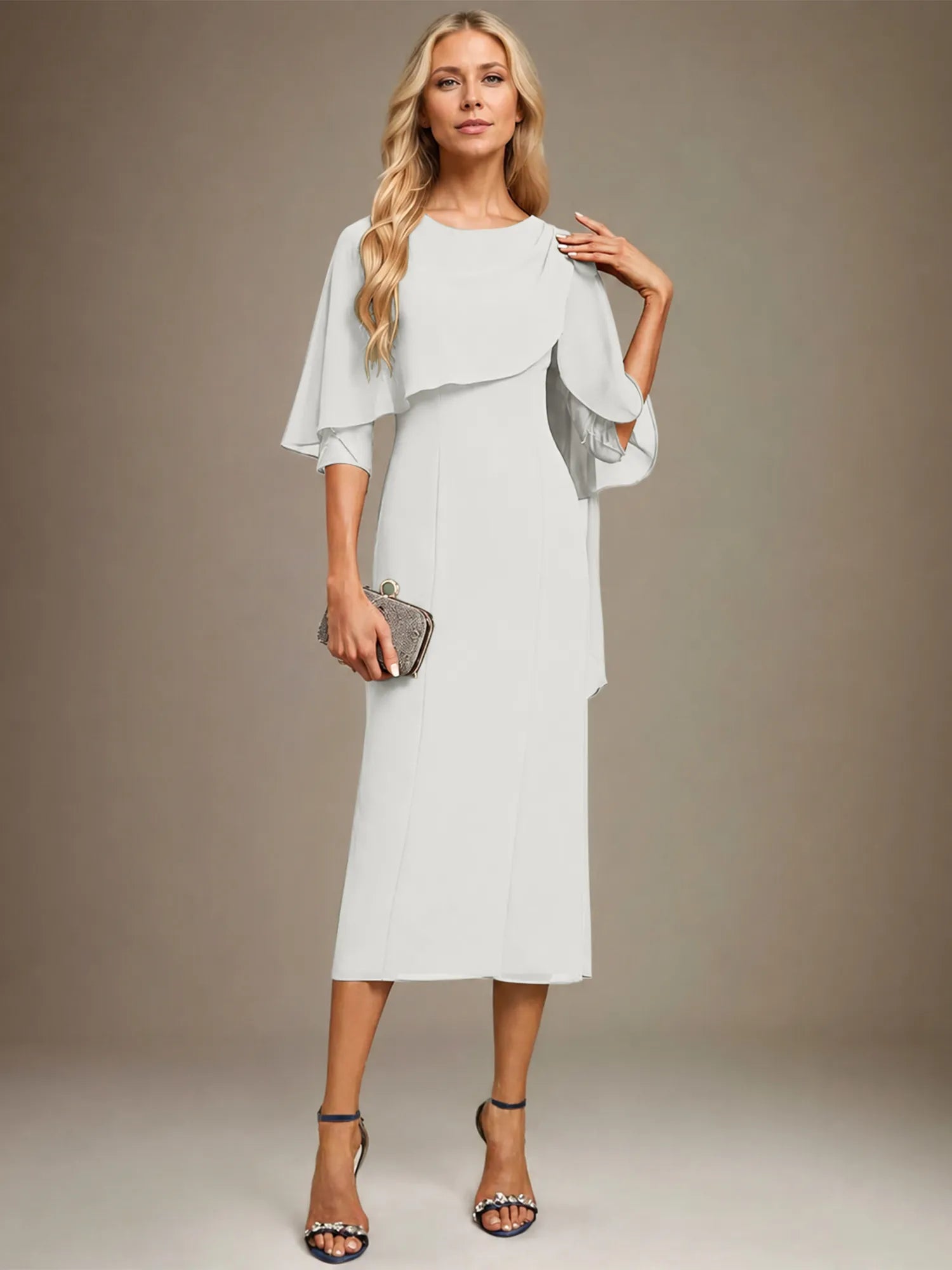 Column Scoop Tea Length Chiffon Dress With Pleated Beading