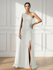 Formal Evening Dress Burgundy One Shoulder Slit Maxi Dress Gown