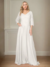 A Line Chiffon V Neck 3/4 Sleeves Floor-Length Mother Of The Bride Dress With Appliques