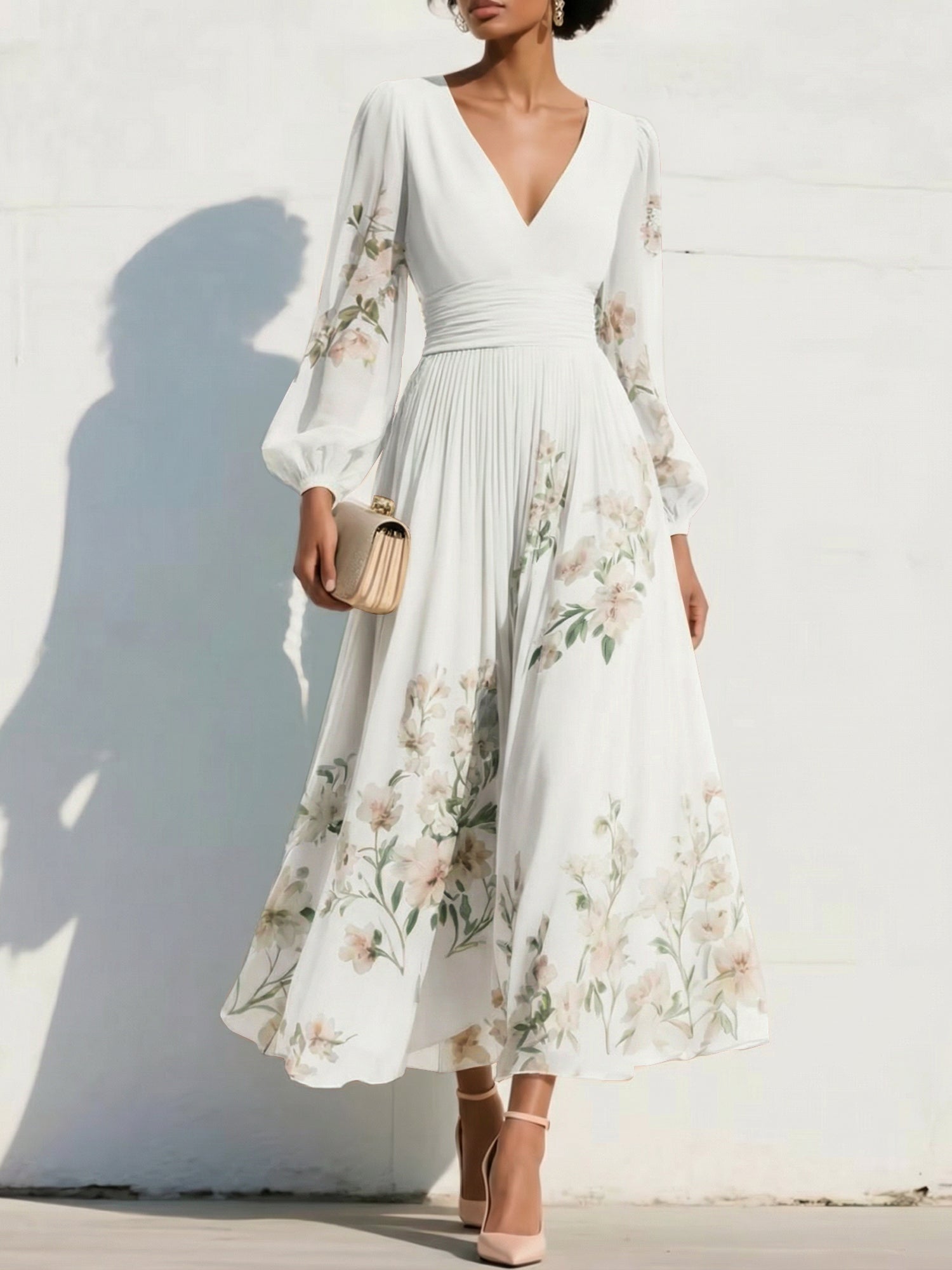 Elegant Floral V-Neck Pleated Midi Dress with Long Sleeves