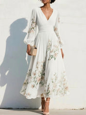 Elegant Floral V-Neck Pleated Midi Dress with Long Sleeves