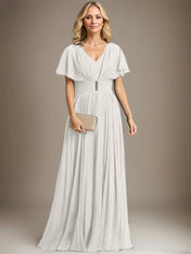 A-line V-Neck Floor-Length Chiffon Mother of the Bride Dress With Crystal Brooch Pleated