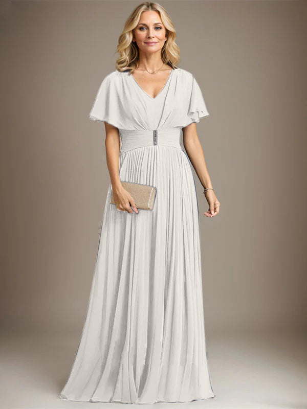 A-line V-Neck Floor-Length Chiffon Mother of the Bride Dress With Crystal Brooch Pleated