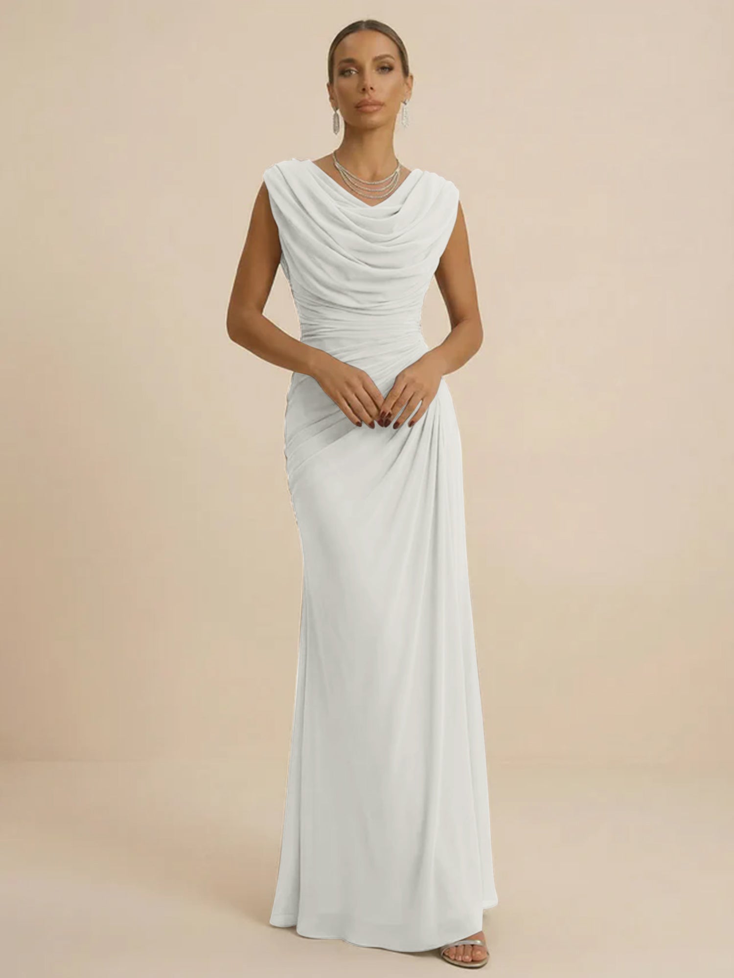 Dusty Grey Draped Cowl Neck Ruched Chiffon Evening Dresses