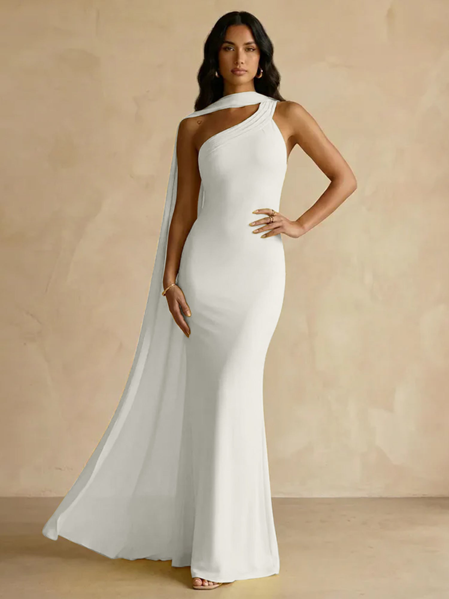 Yellow One-Shoulder Crepe Sheath Gown with Flowing Chiffon Cape Train