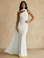 Yellow One-Shoulder Crepe Sheath Gown with Flowing Chiffon Cape Train