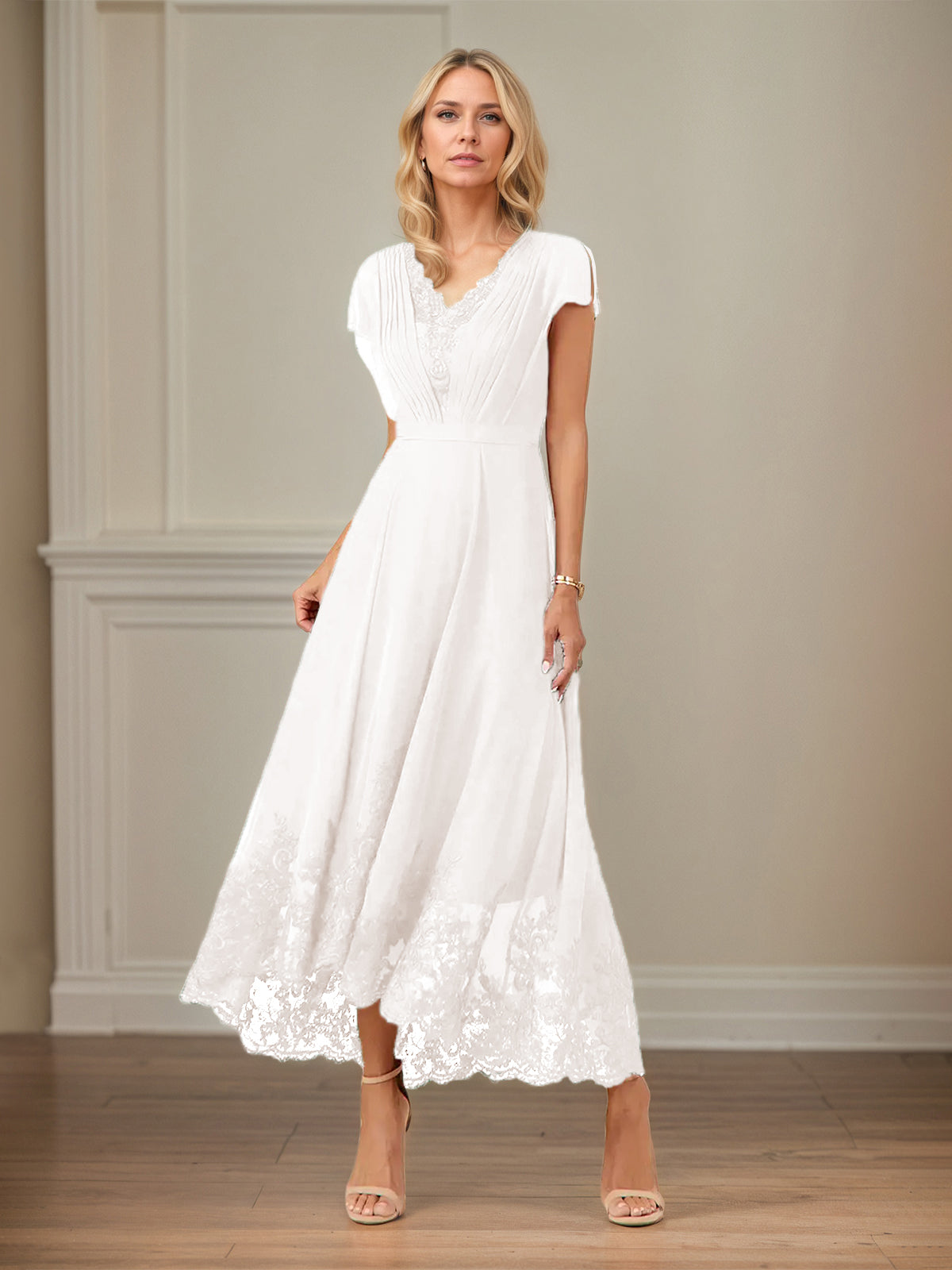 A Line V Neck Flutter Sleeve Ankle Length Chiffon Dress With Appliques
