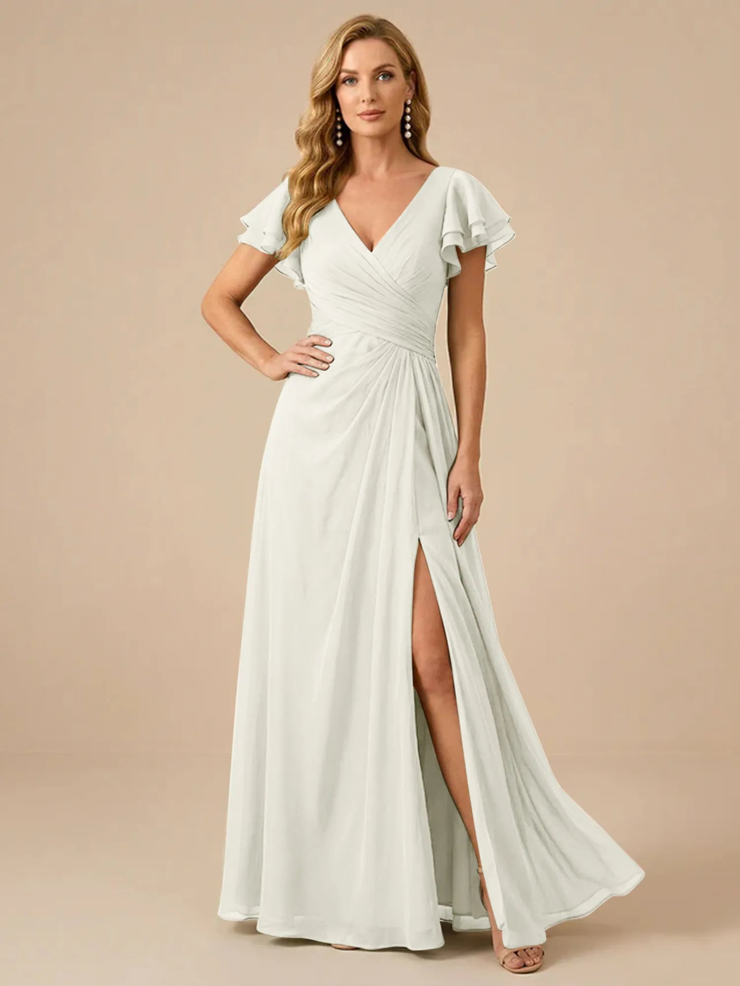 Sage Green V-Neck High-Slit Pleated Chiffon Dress